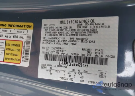 2024 Ford Mustang Gt Premium Fastback from USA, damaged, VIN 1FA6P8CF9R5421435